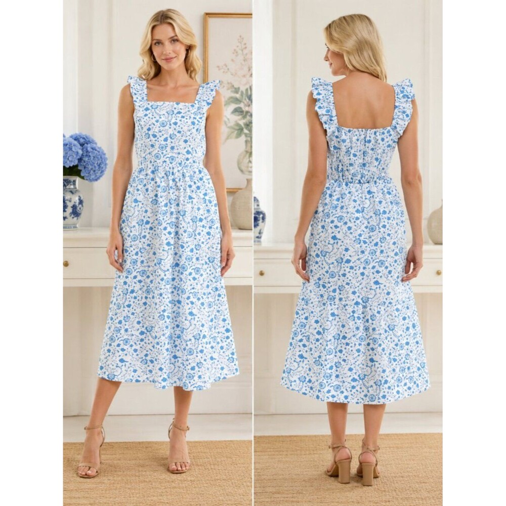 Draper James Blue Floral Cotton Smocked Maxi Dress Cottagecore XXL Feminine